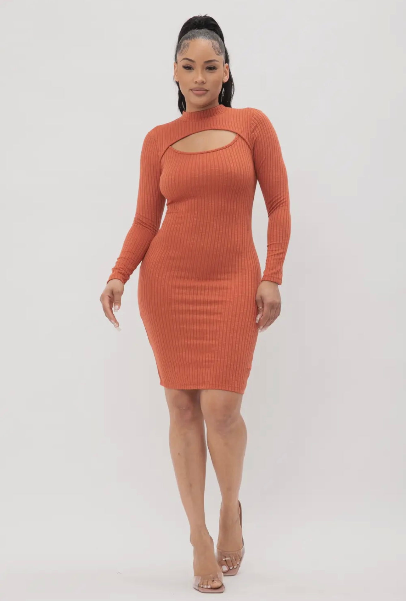 Rust Ribbed Cutout Long Sleeve Bodycon Mini Dress – Opulent Vibe
