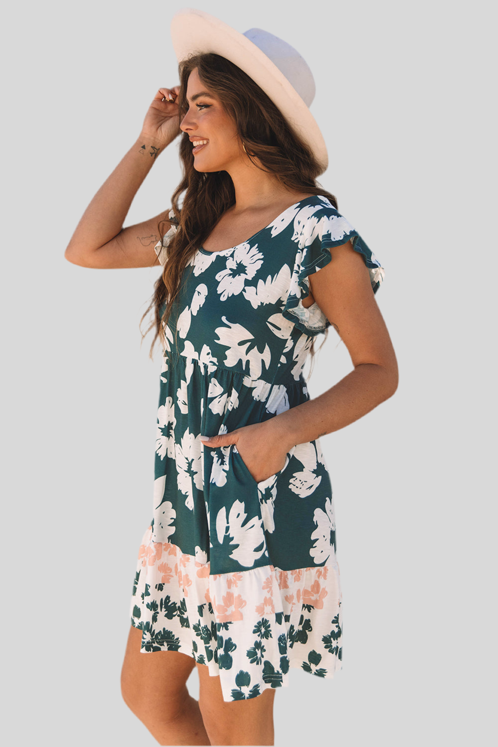 Green Floral Mini Dress – Ruffle Sleeves & Empire Waist | Opulent Vibe