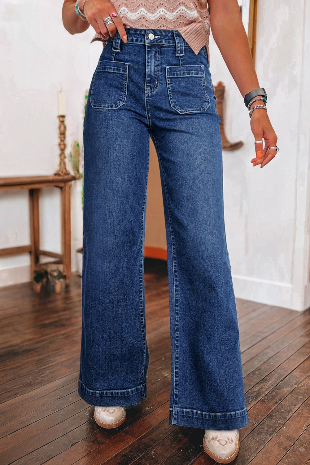 Blue Wide Leg Pocketed High Waist Jeans – Denim Pants | Opulent Vibe