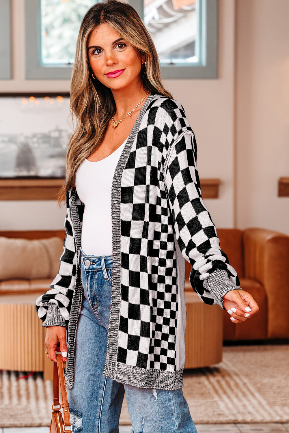 Orange Checkered Drop Shoulder Cardigan | Opulent Vibe