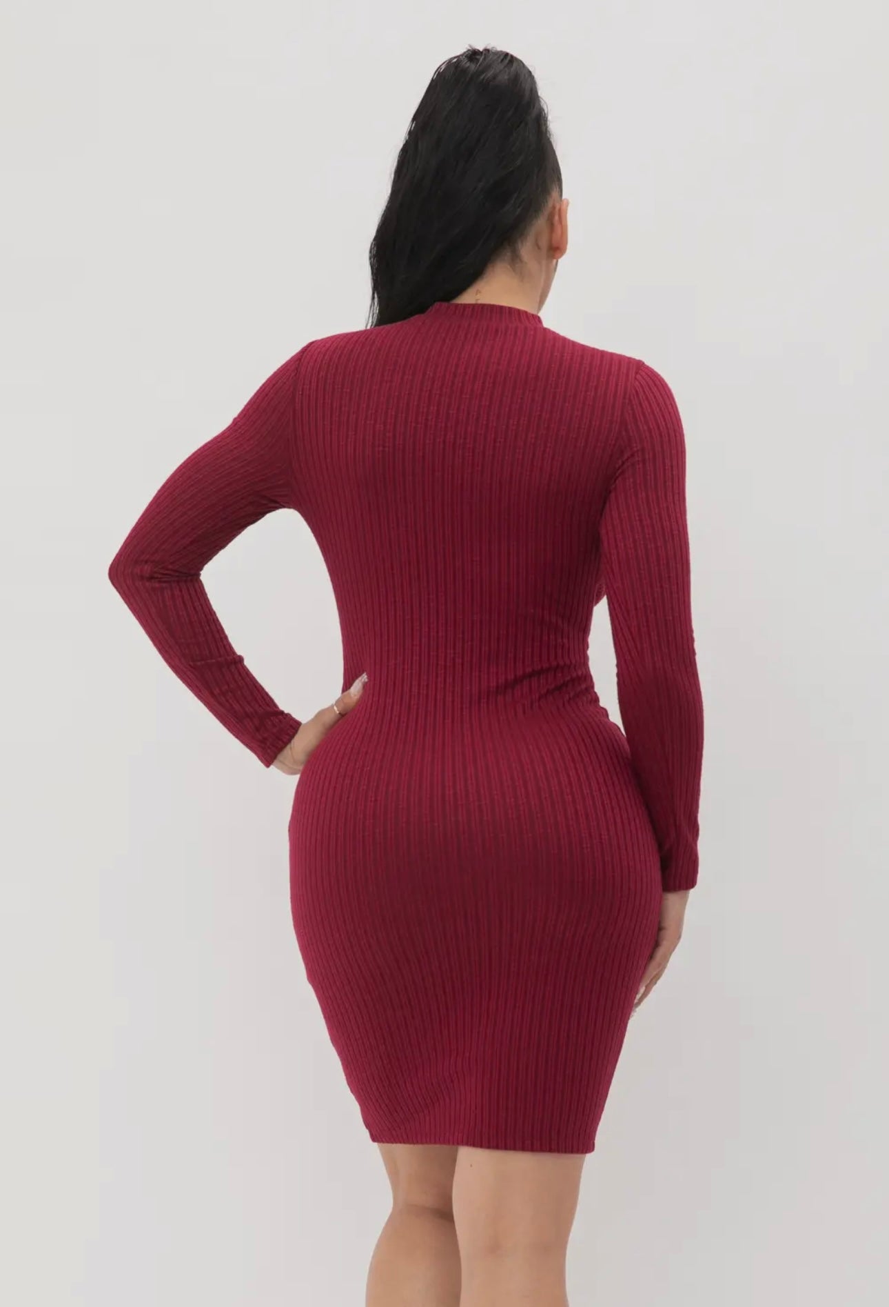 Wine Red Ribbed Cutout Long Sleeve Bodycon Mini Dress – Opulent Vibe