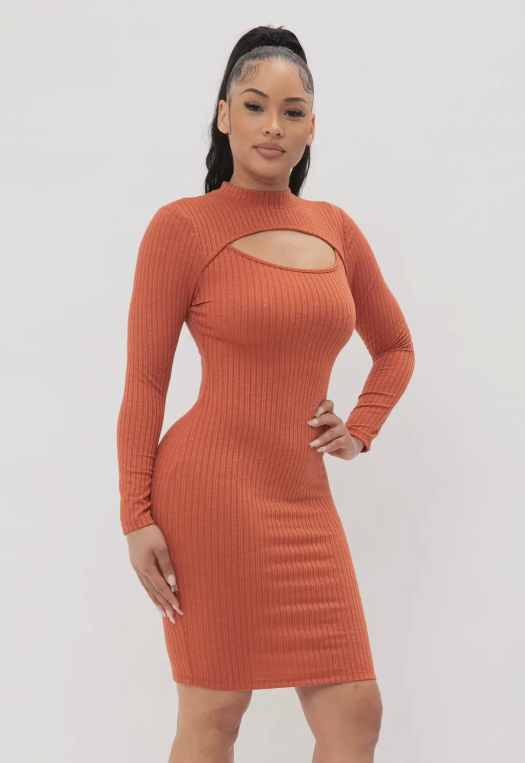 Rust Ribbed Cutout Long Sleeve Bodycon Mini Dress – Opulent Vibe