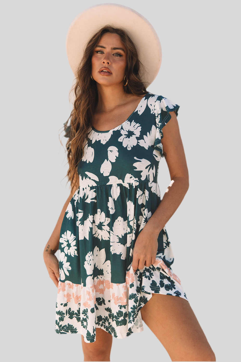 Green Floral Mini Dress – Ruffle Sleeves & Empire Waist | Opulent Vibe