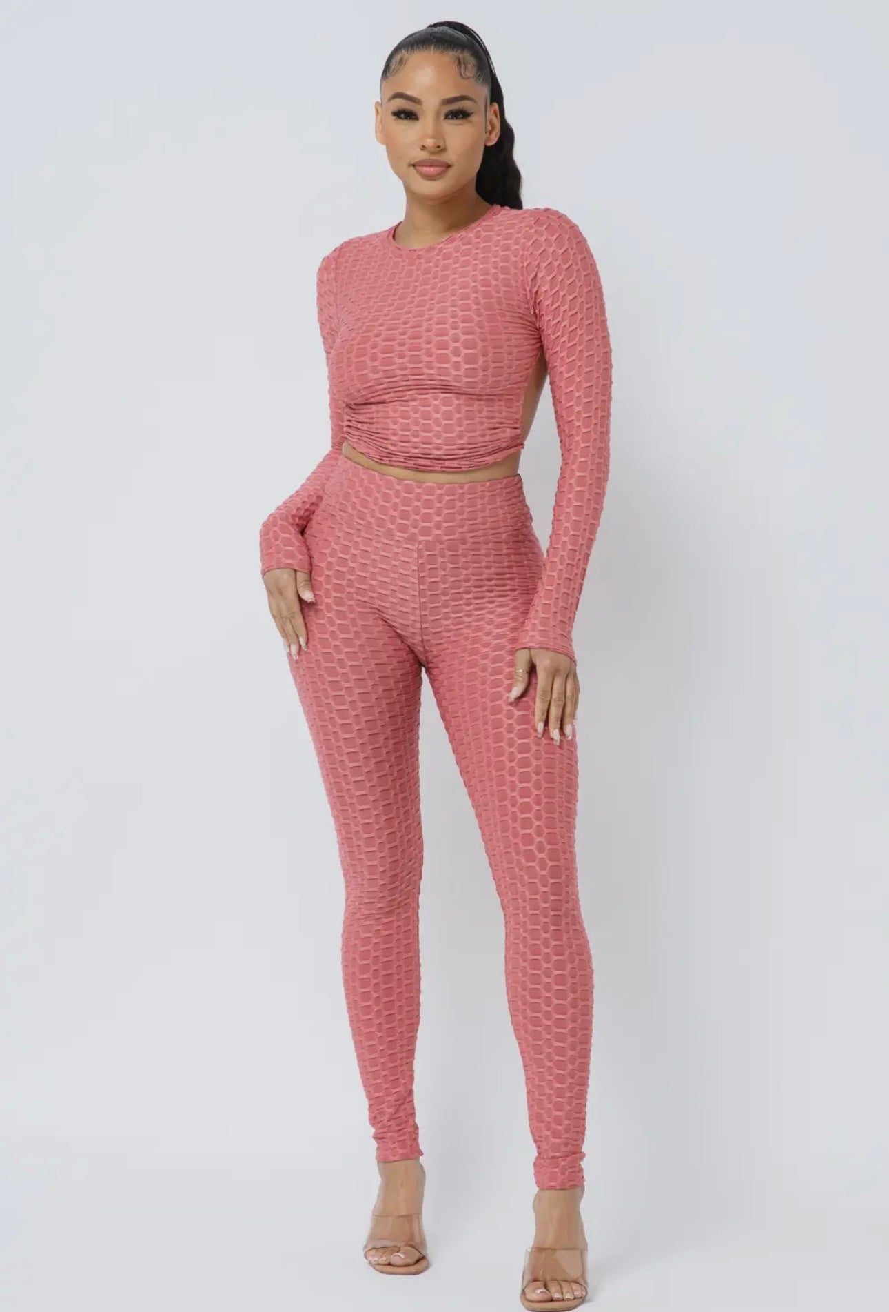 Backless Textured Long Sleeve Set | Opulent Vibe