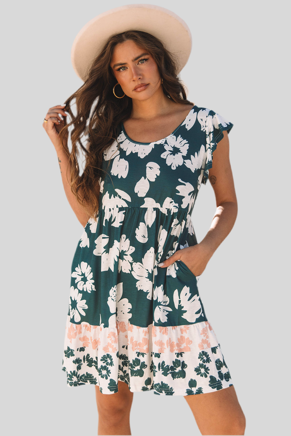Green Floral Mini Dress – Ruffle Sleeves & Empire Waist | Opulent Vibe