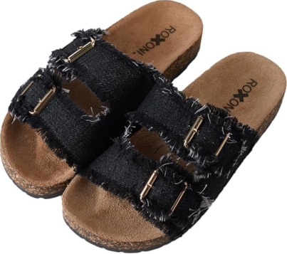 Roxoni Black Fringe Double Buckle Adjustable Straps Sandals