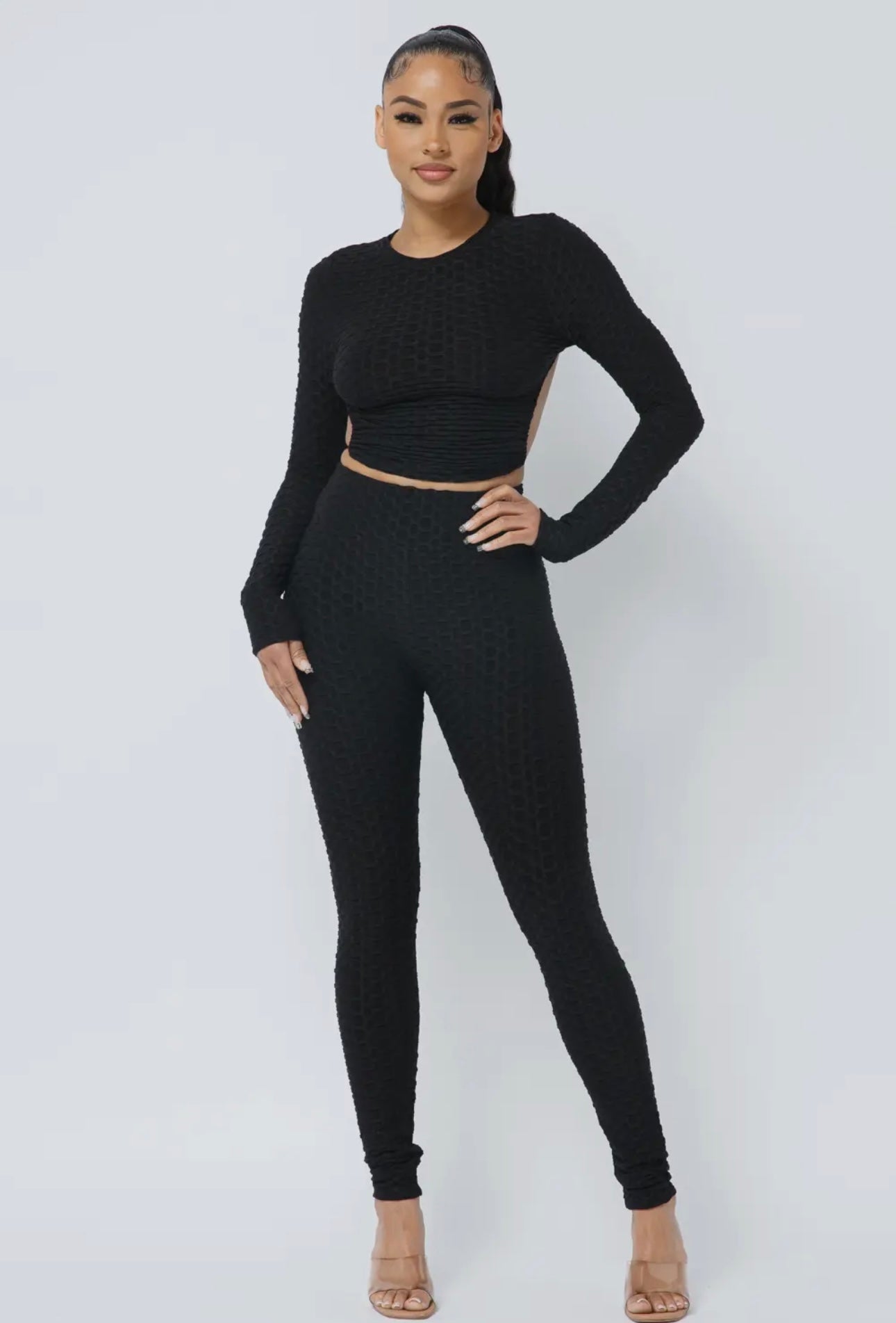 Backless Textured Long Sleeve Set | Opulent Vibe