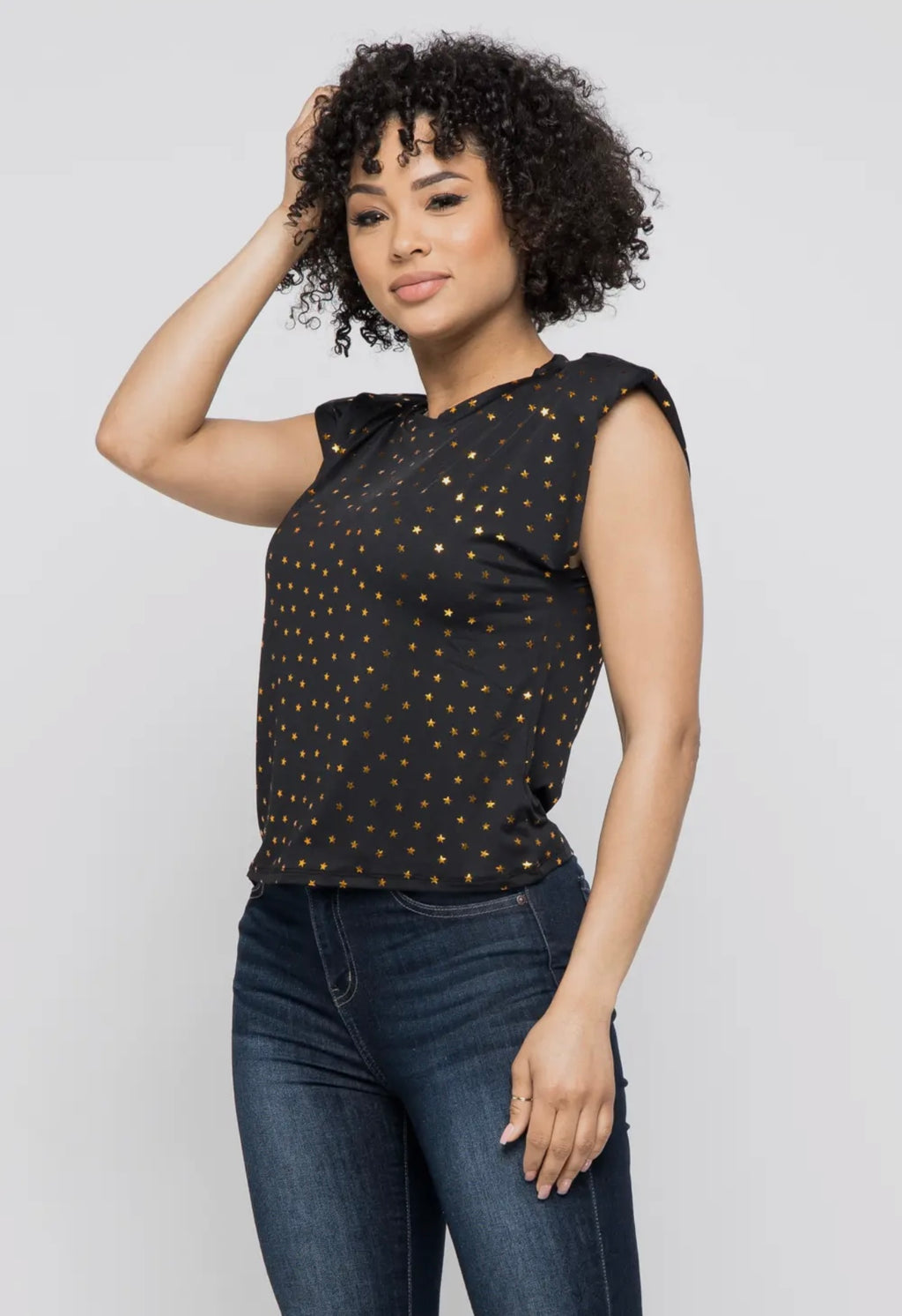 Black Gold Star Padded Shoulder Top | Opulent Vibe