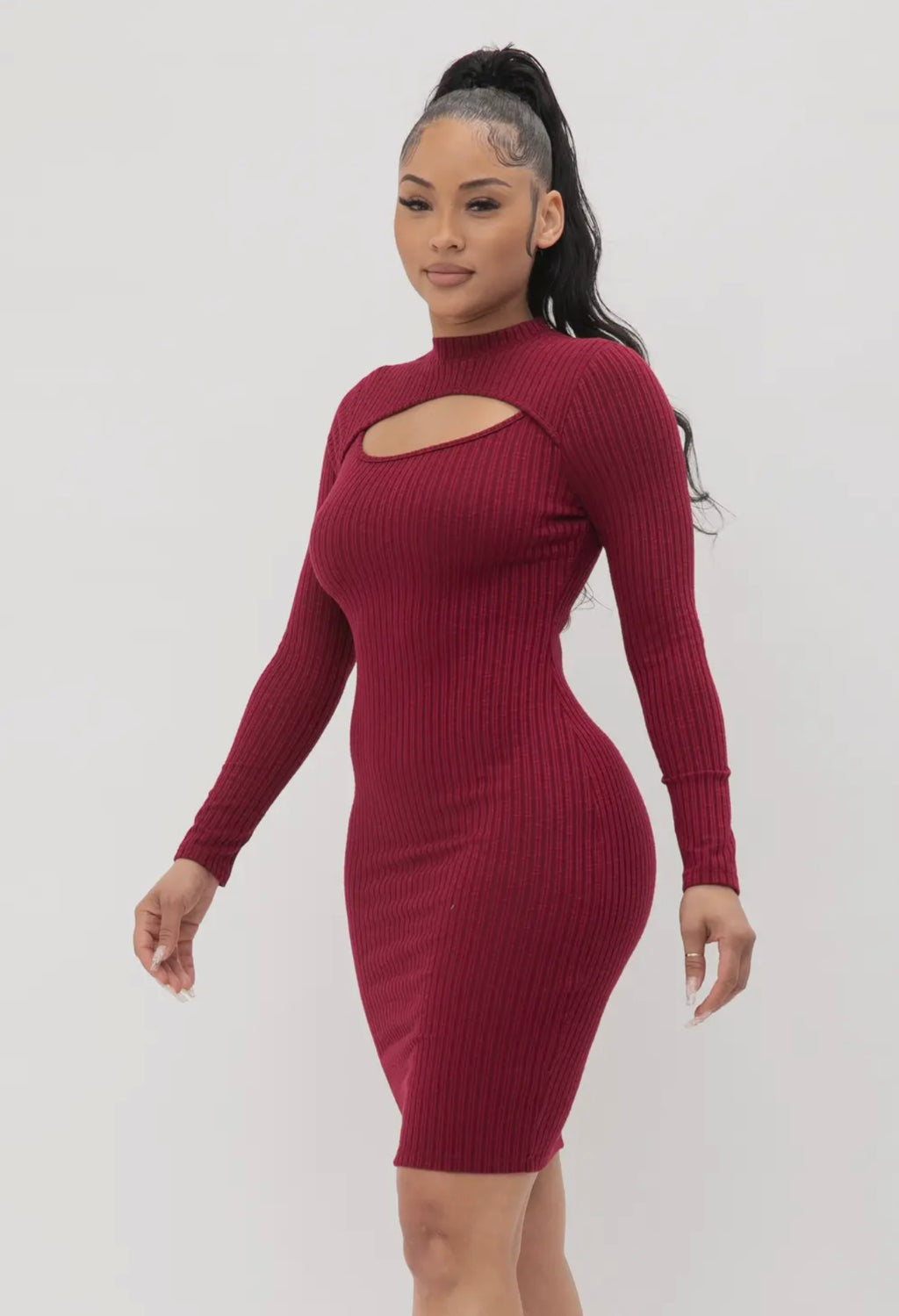 Wine Red Ribbed Cutout Long Sleeve Bodycon Mini Dress – Opulent Vibe