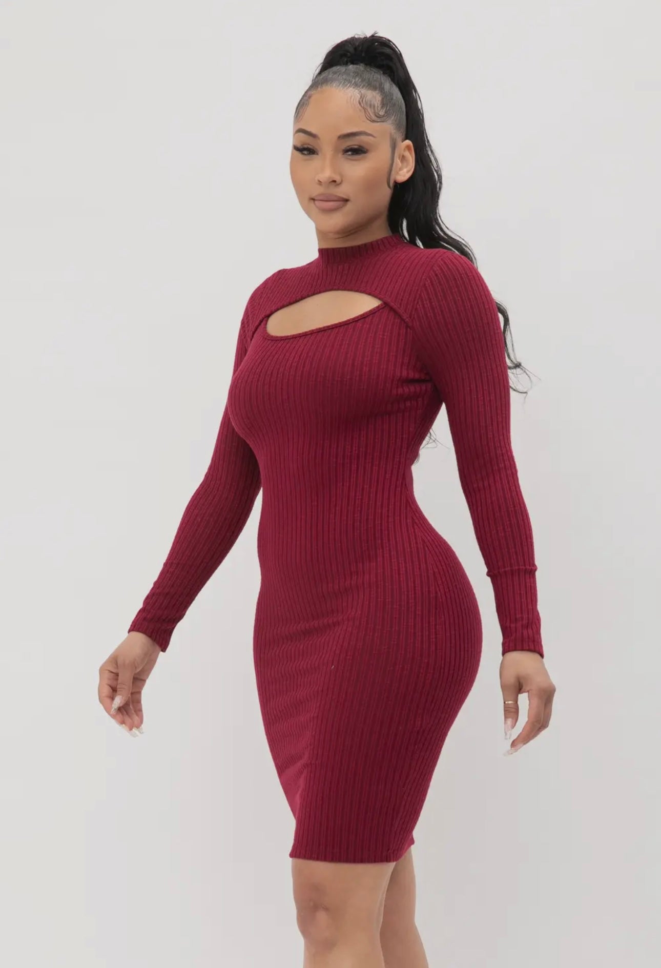 Wine Red Ribbed Cutout Long Sleeve Bodycon Mini Dress – Opulent Vibe