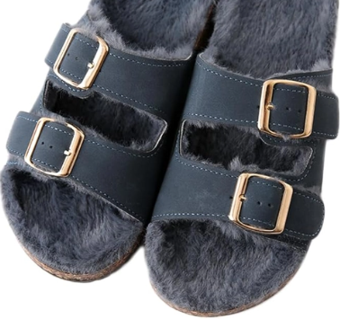 Roxoni Grey Feather Double Buckle Adjustable Straps Sandals