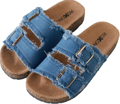 Roxoni Blue Fringe Double Buckle Adjustable Straps Sandals