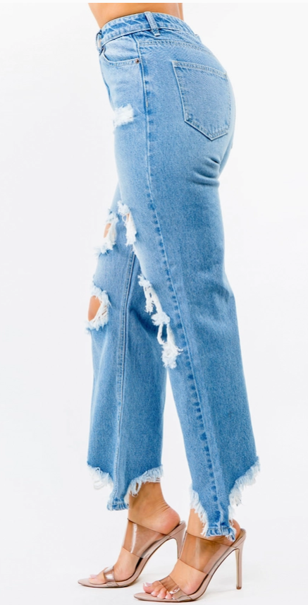 High Waist Distressed Wide Leg Jeans - Boho Relaxed Fit Denim | Opulent Vibe