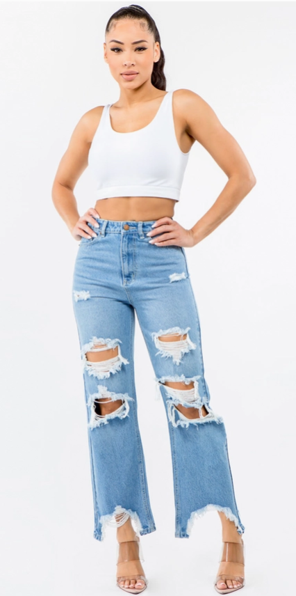 High Waist Distressed Wide Leg Jeans - Boho Relaxed Fit Denim | Opulent Vibe