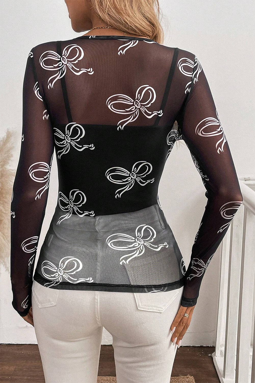 Black Boho Mesh Top - Bow Print Long Sleeve | Opulent Vibe