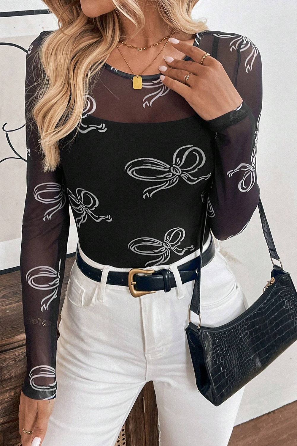 Black Boho Mesh Top - Bow Print Long Sleeve | Opulent Vibe