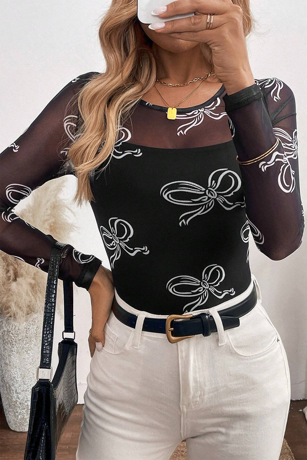 Black Boho Mesh Top - Bow Print Long Sleeve | Opulent Vibe