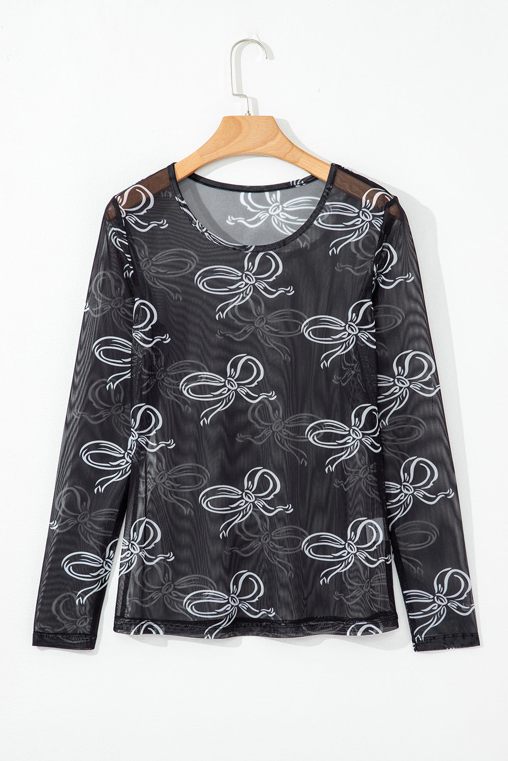Black Boho Mesh Top - Bow Print Long Sleeve | Opulent Vibe