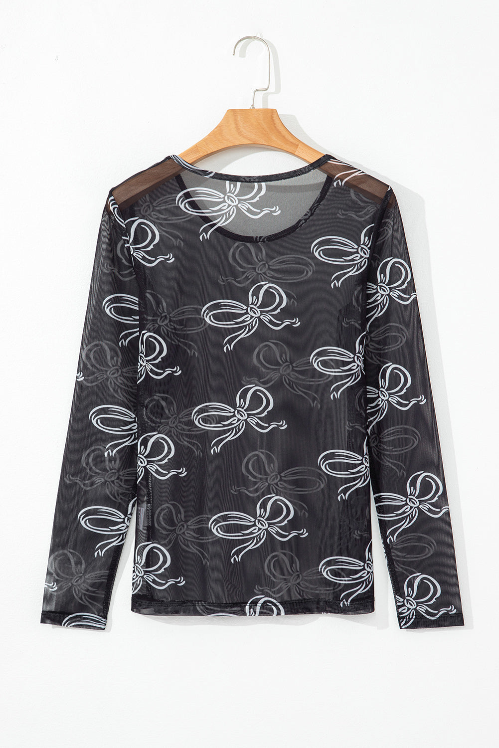 Black Boho Mesh Top - Bow Print Long Sleeve | Opulent Vibe