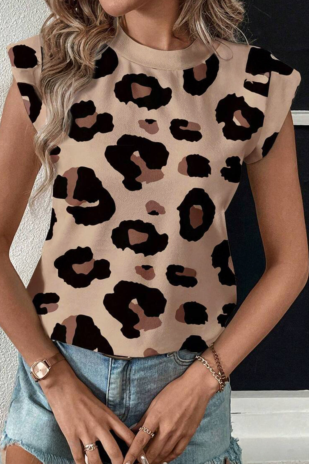 Khaki Leopard Print Boho Blouse - Cap Sleeve Top | Opulent Vibe