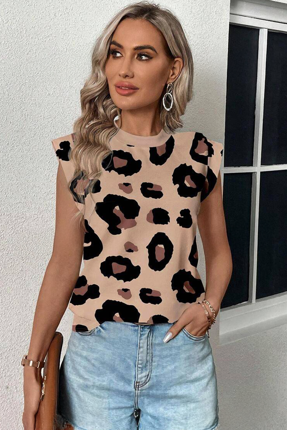 Khaki Leopard Print Boho Blouse - Cap Sleeve Top | Opulent Vibe