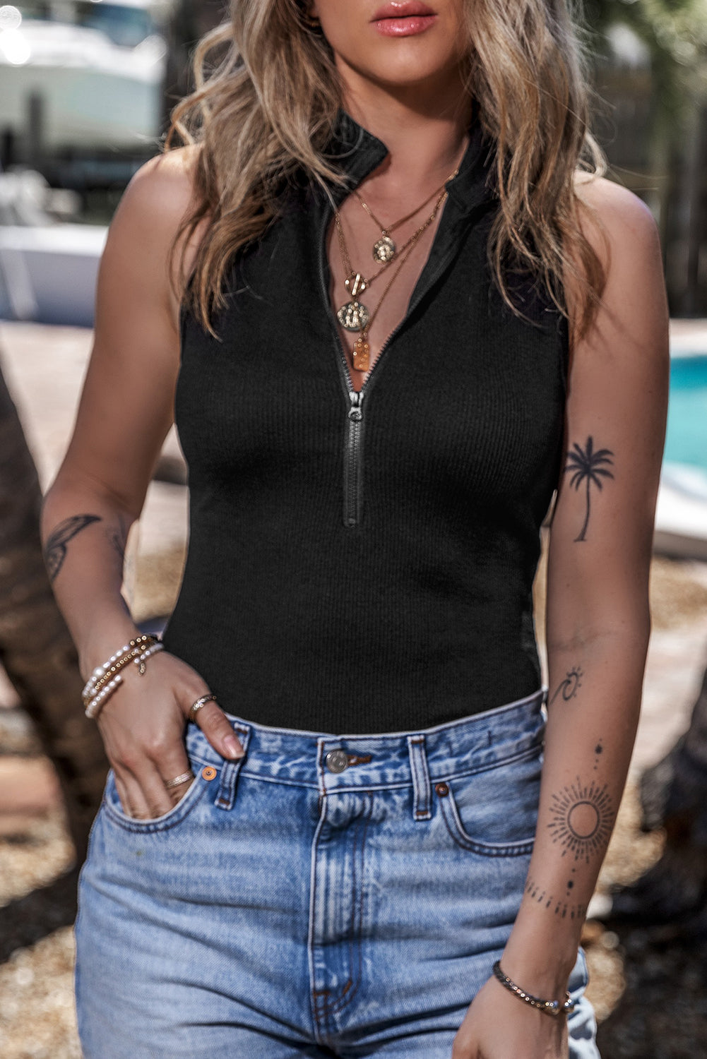 Mock Neck Zip Bodysuit - Sleeveless Boho Layering Essential | Opulent Vibe