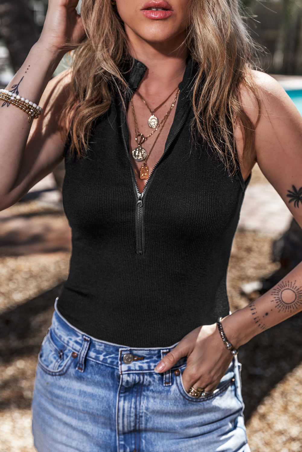 Mock Neck Zip Bodysuit - Sleeveless Boho Layering Essential | Opulent Vibe