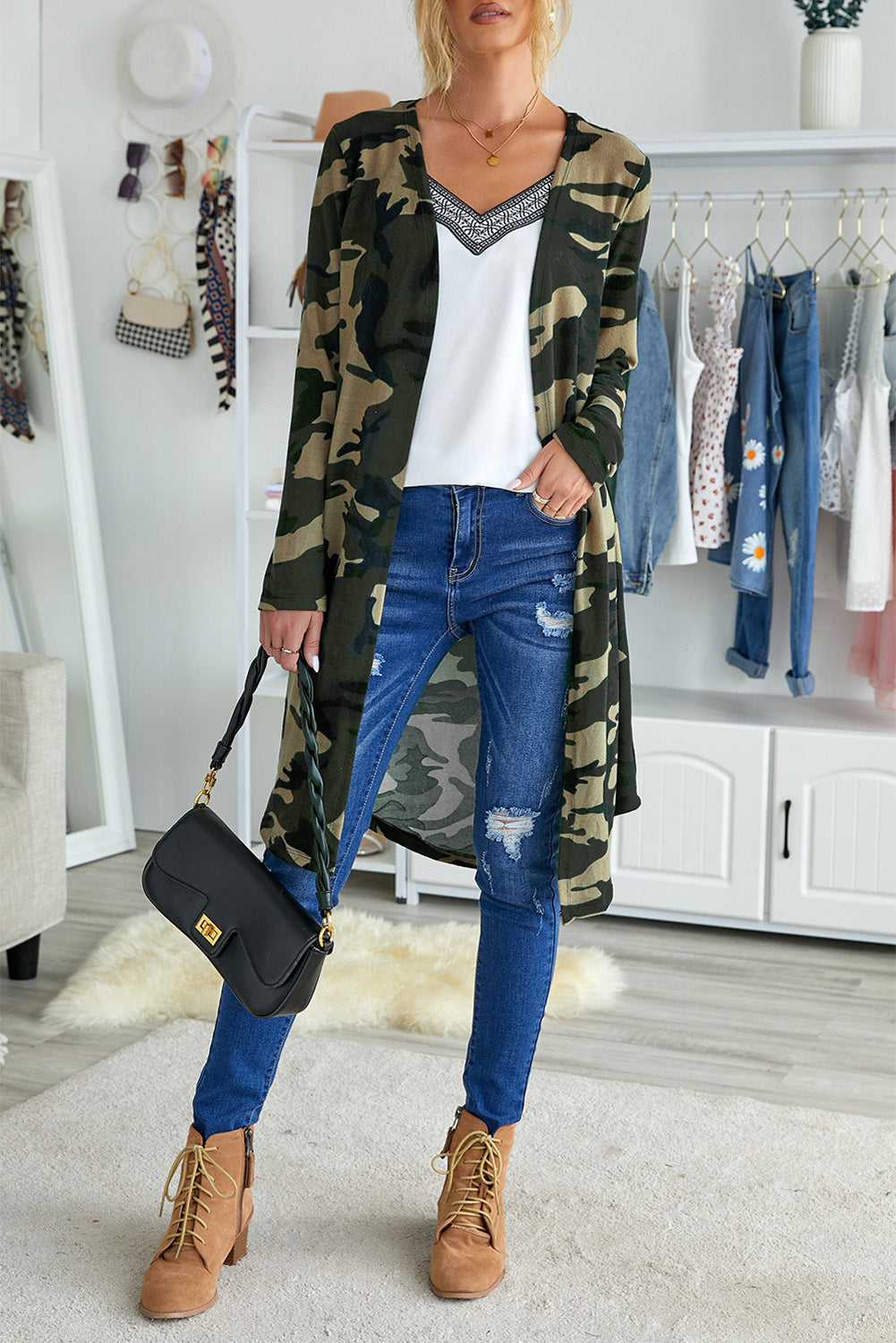 Green Camo Boho Cardigan - Lightweight Layering Piece | Opulent Vibe