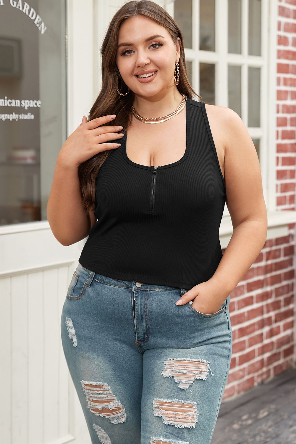 Plus Size Zipper Front Ribbed Tank - Racerback Boho Top | Opulent Vibe