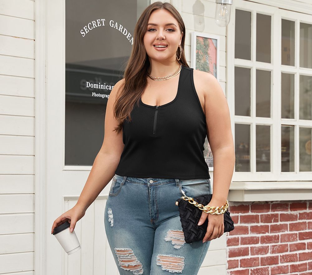 Plus Size Zipper Front Ribbed Tank - Racerback Boho Top | Opulent Vibe