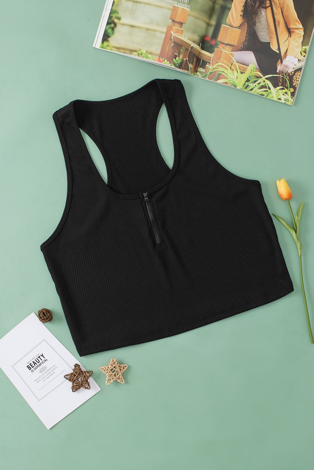 Plus Size Zipper Front Ribbed Tank - Racerback Boho Top | Opulent Vibe