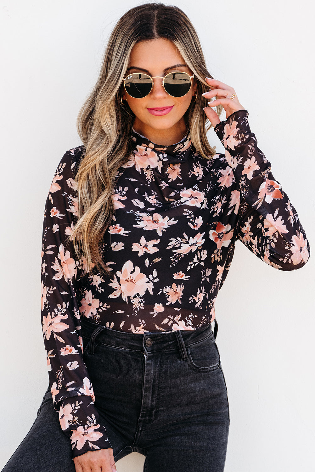 Black Floral Mesh Mock Neck Long Sleeve Slim Fit Top | Opulent Vibe
