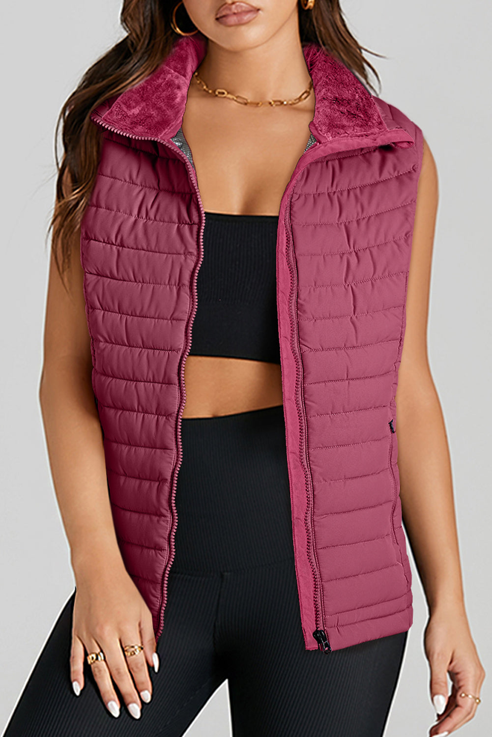 Burgundy Plush Collared Quilted Puffer Vest – Cozy Chic Outerwear | Opulent Vibe