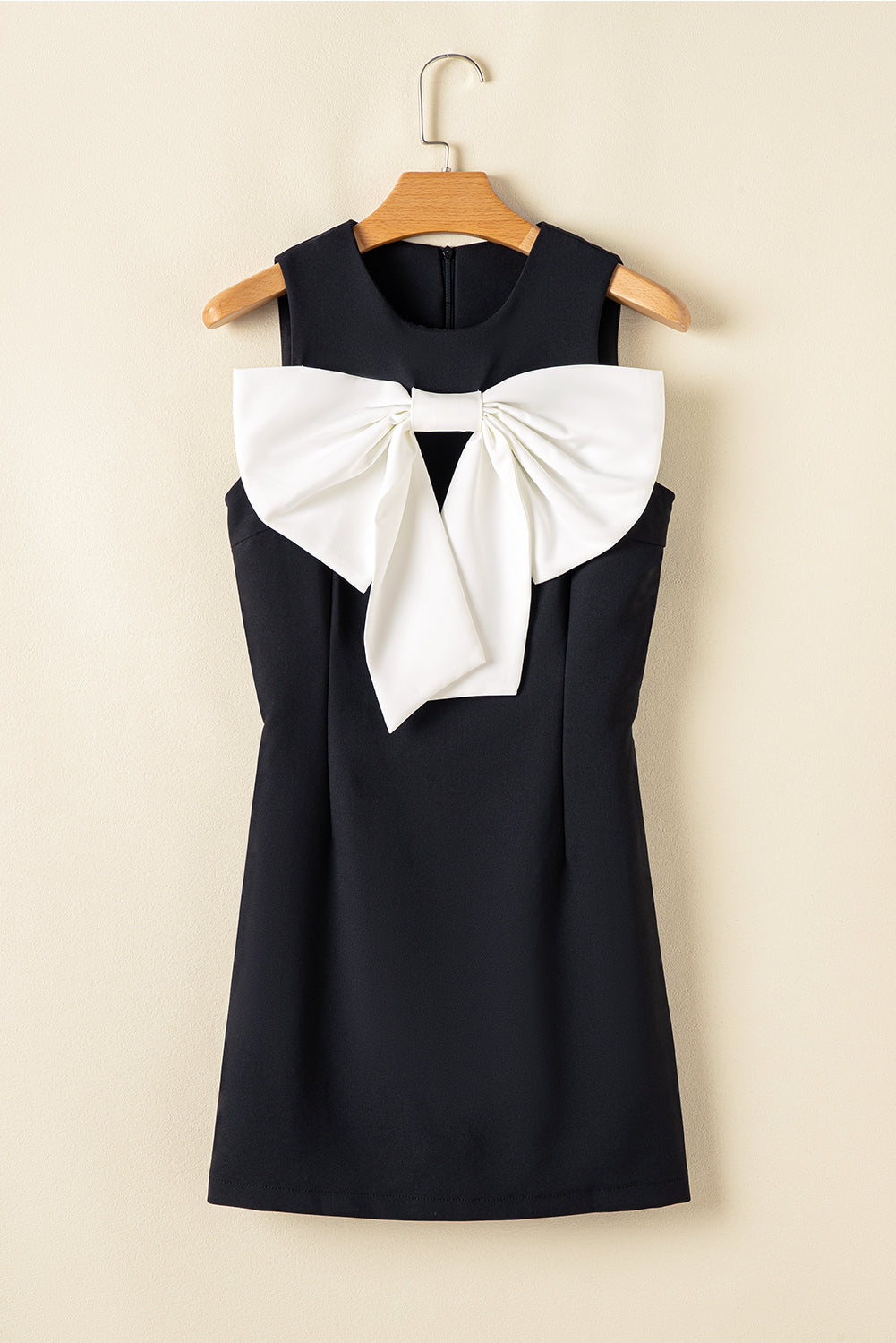Black Mini Dress – Sleeveless Crew Neck with Contrast Bow | Opulent Vibe