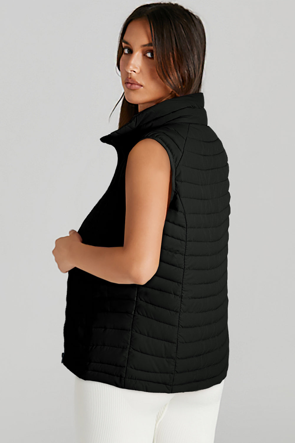 Black Plush Collared Quilted Puffer Vest – Cozy Chic Outerwear | Opulent Vibe