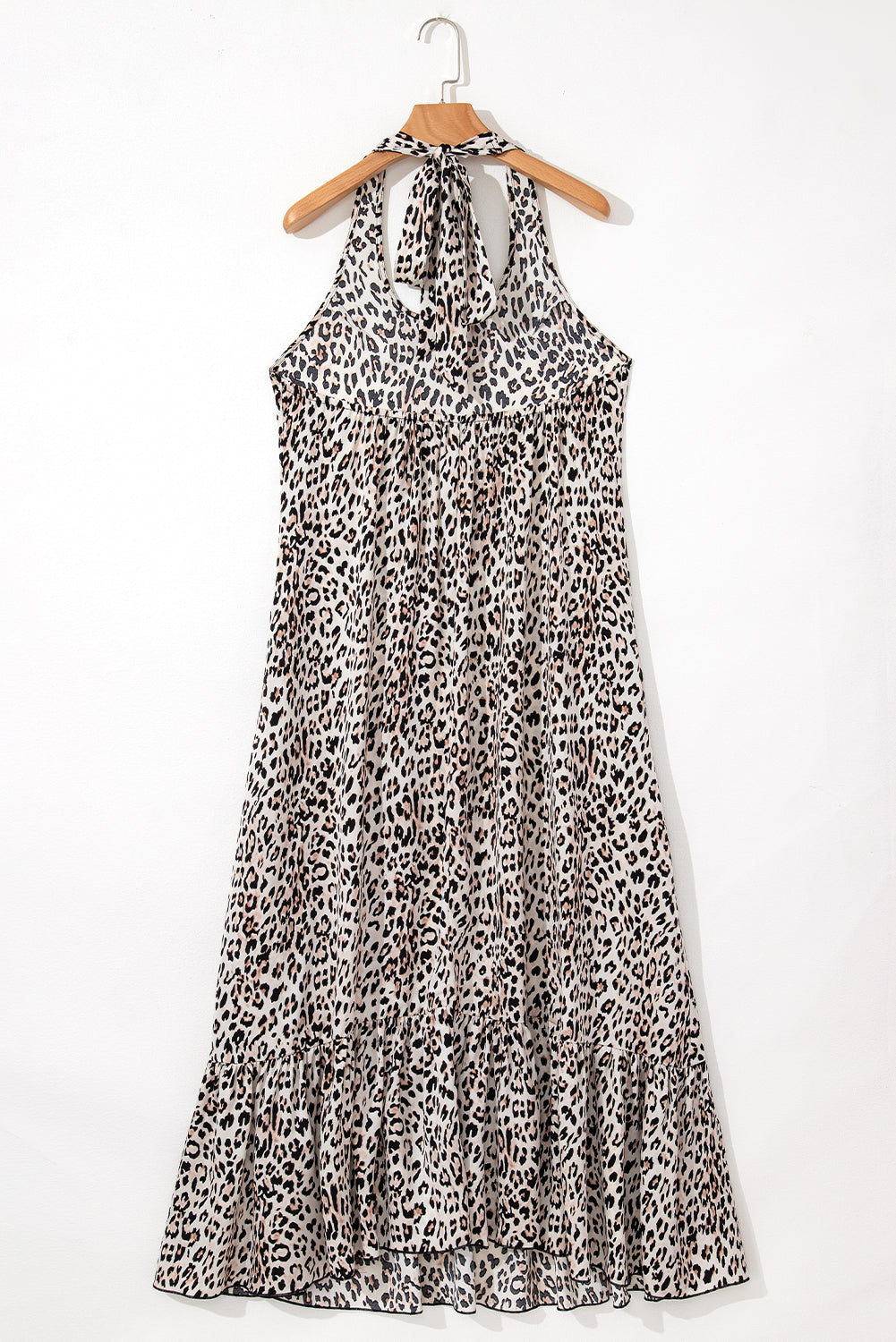 Leopard Print Halter Maxi Dress – Backless with Ruffled Hem | Opulent Vibe