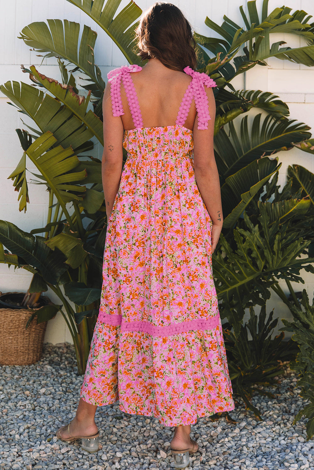 Pink Floral Boho Maxi Dress - Lace & Empire Waist | Opulent Vibe