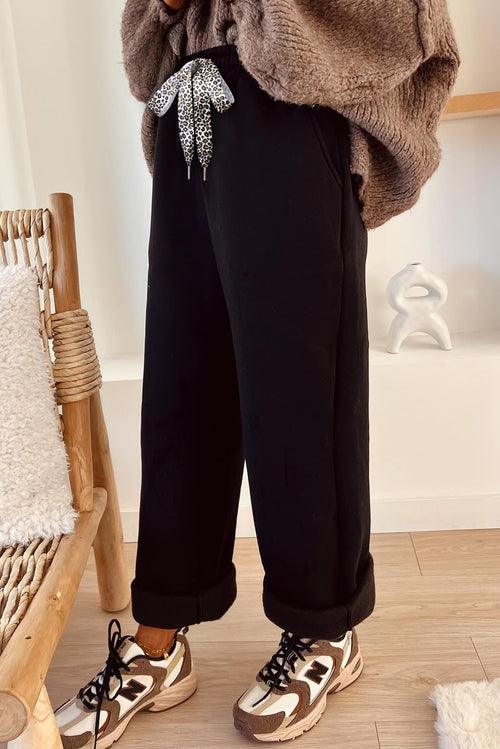 Black Fleece Lined Leopard Drawstring Pants  | Opulent Vibe
