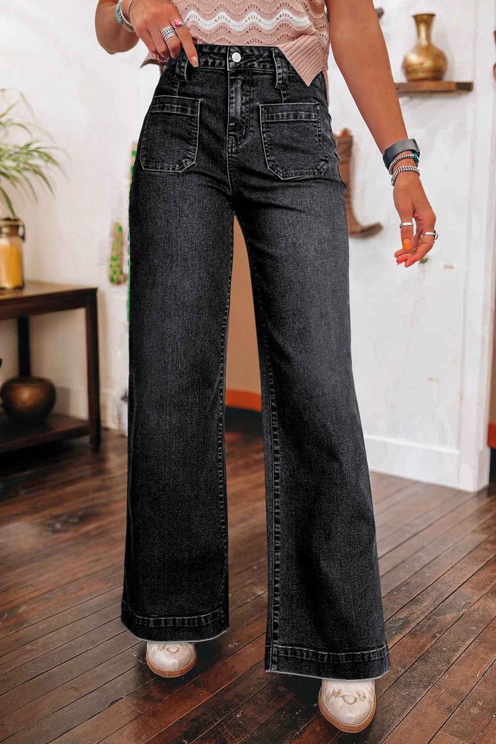 Black Wide Leg Pocketed High Waist Jeans – Denim Pants | Opulent Vibe