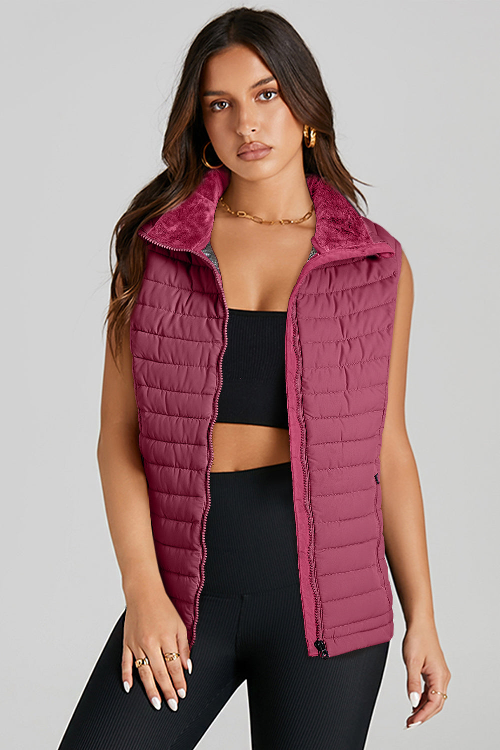 Burgundy Plush Collared Quilted Puffer Vest – Cozy Chic Outerwear | Opulent Vibe
