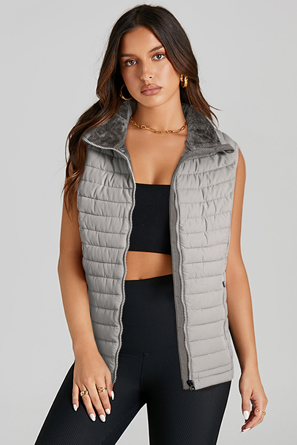 Silver Plush Collared Quilted Puffer Vest – Cozy Chic Outerwear | Opulent Vibe