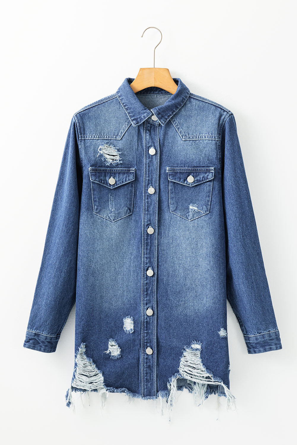 Dark Wash Distressed Frayed Denim Jacket – Outerwear | Opulent Vibe