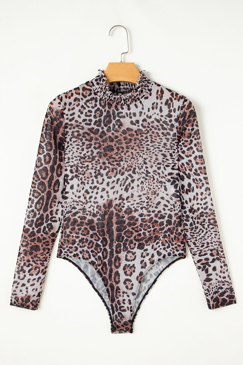 Brown Leopard Smocked Neck Mesh Long Sleeve Bodysuit – Chic Sheer Statement Piece | Opulent Vibe