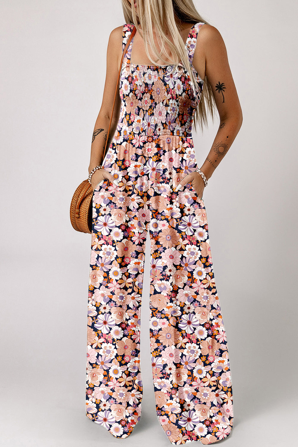 Floral Smocked Jumpsuit – Square Neck & High Waist | Opulent Vibe