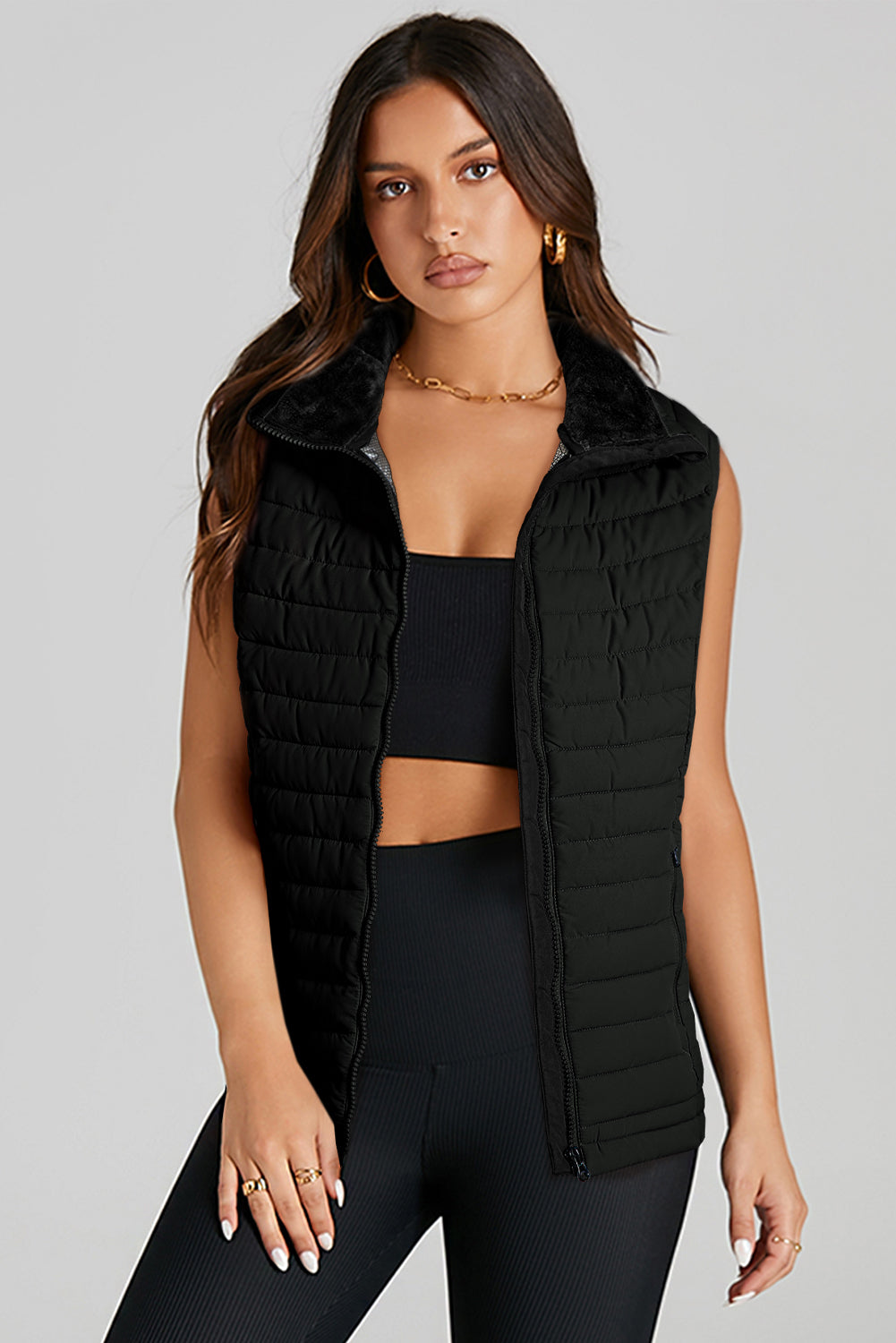 Black Plush Collared Quilted Puffer Vest – Cozy Chic Outerwear | Opulent Vibe