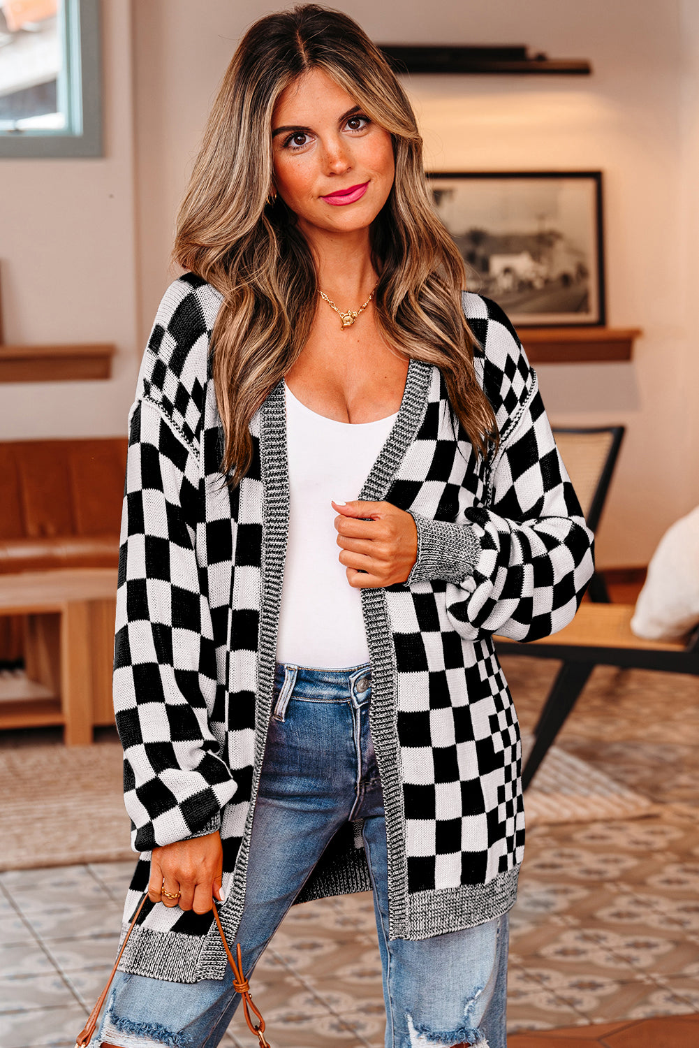 Orange Checkered Drop Shoulder Cardigan | Opulent Vibe