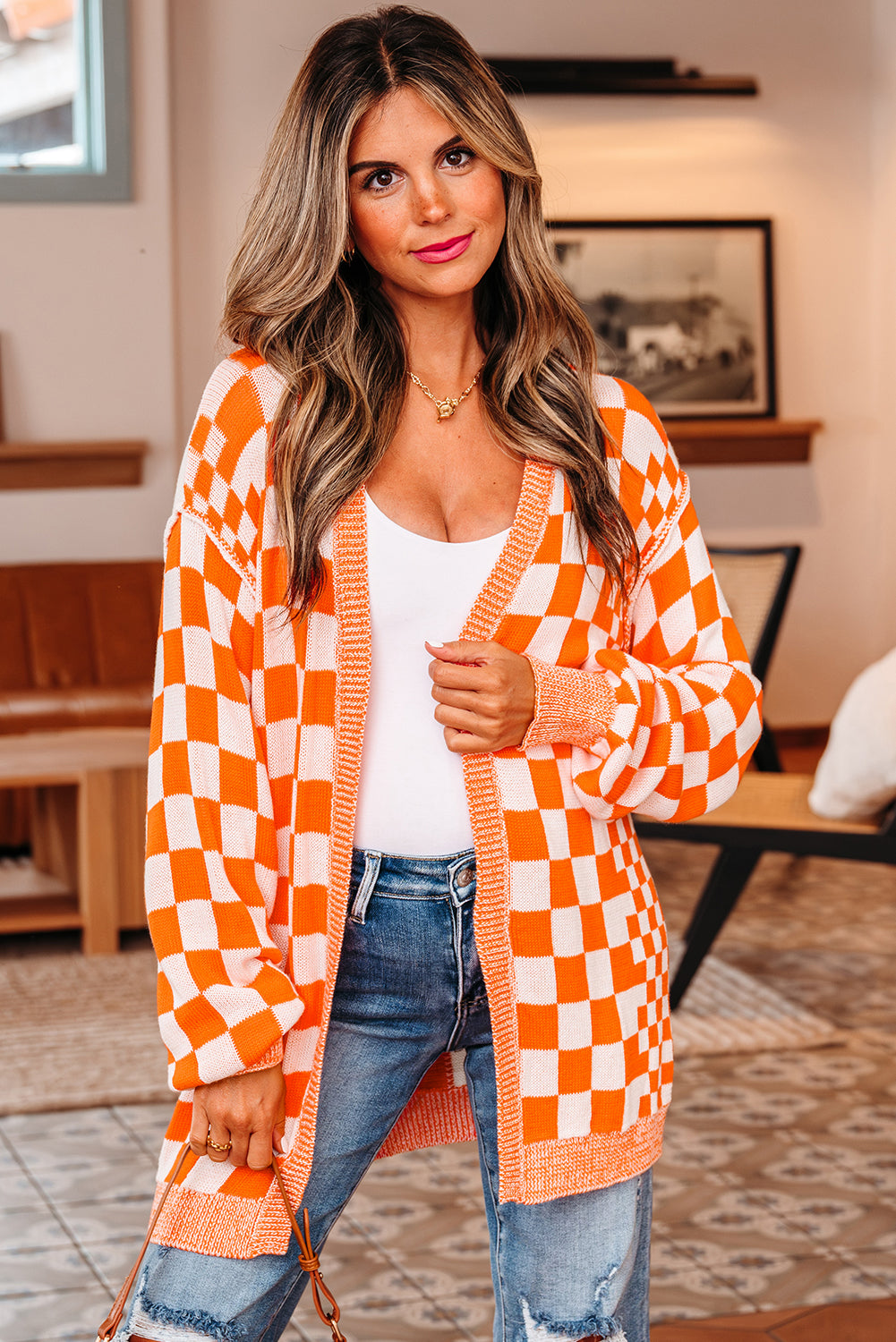 Orange Checkered Drop Shoulder Cardigan | Opulent Vibe