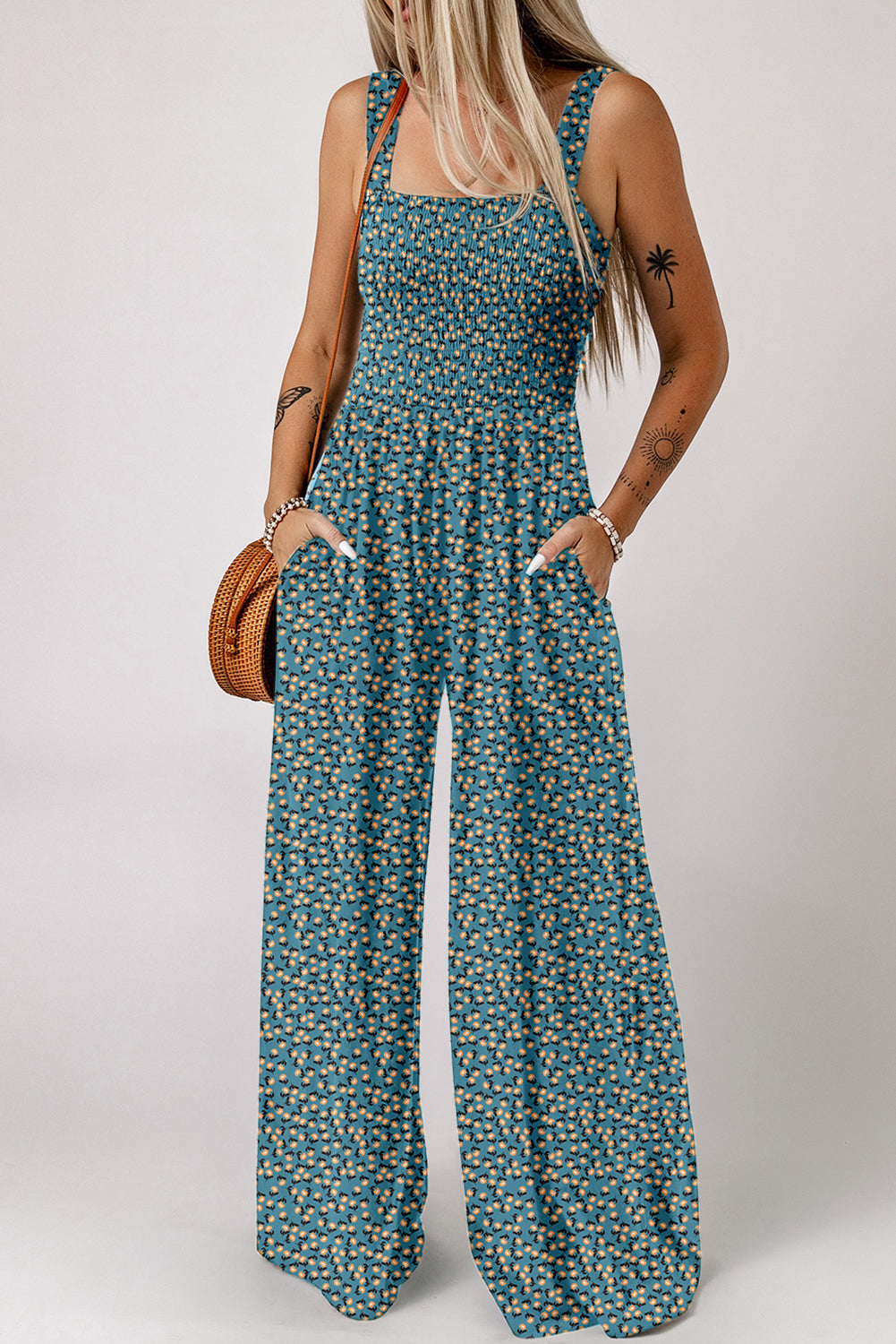 Floral Smocked Jumpsuit – Square Neck & High Waist | Opulent Vibe