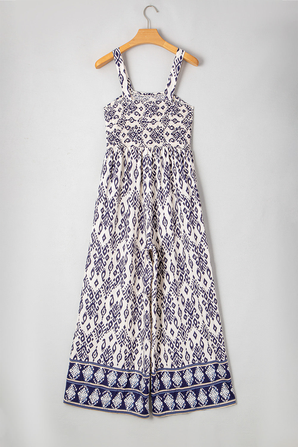Blue Boho Geometric Print Jumpsuit – Shirred High Waist & Wide Legs | Opulent Vibe