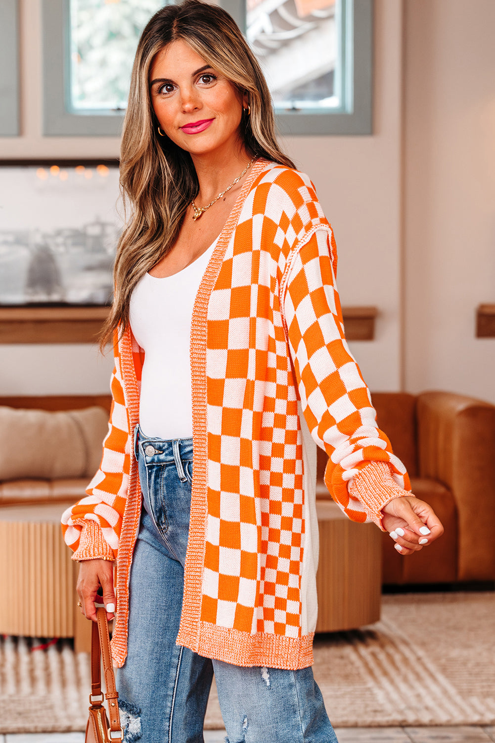 Orange Checkered Drop Shoulder Cardigan | Opulent Vibe